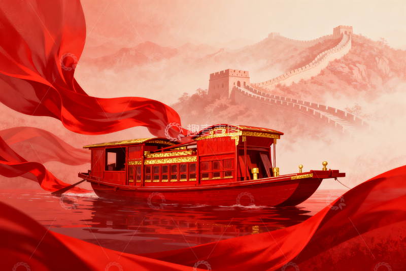 源文件下载【趣麦麦图】红色主题红船插画1