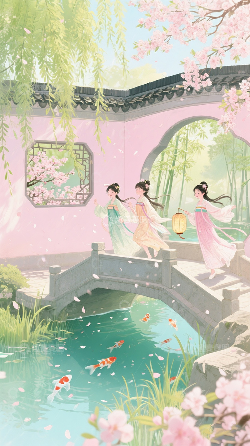 高清大图下载【趣麦麦图】清新园林仕女图1