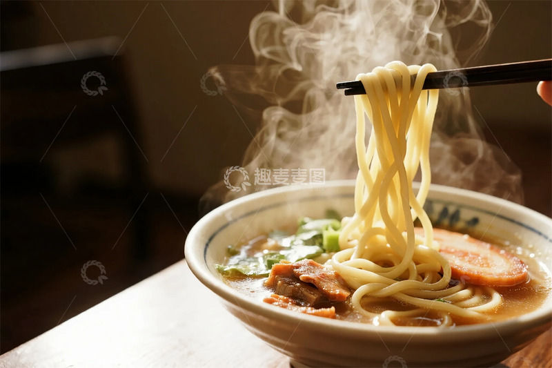 热气腾腾面条蓝边花纹瓷碗温馨美食摄影