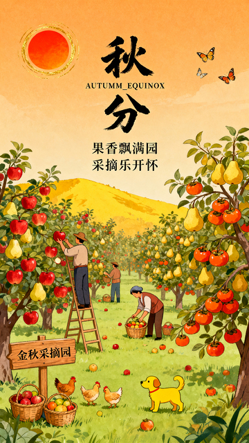 秋分节气主题插画海报果园采摘场景