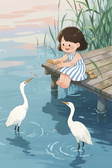 白鹭节气女孩喂白鹭插画