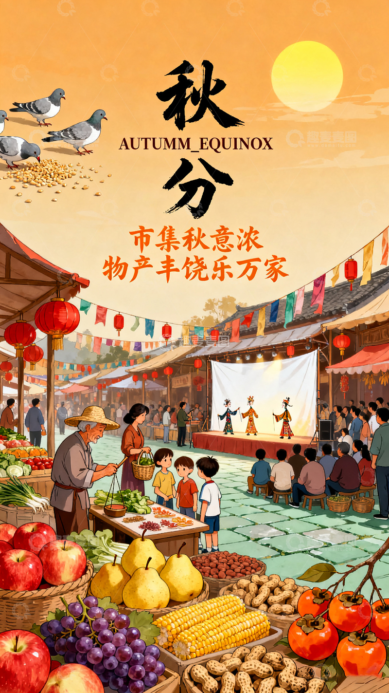 高清大图下载【趣麦麦图】秋分节气主题插画海报市集丰收场景