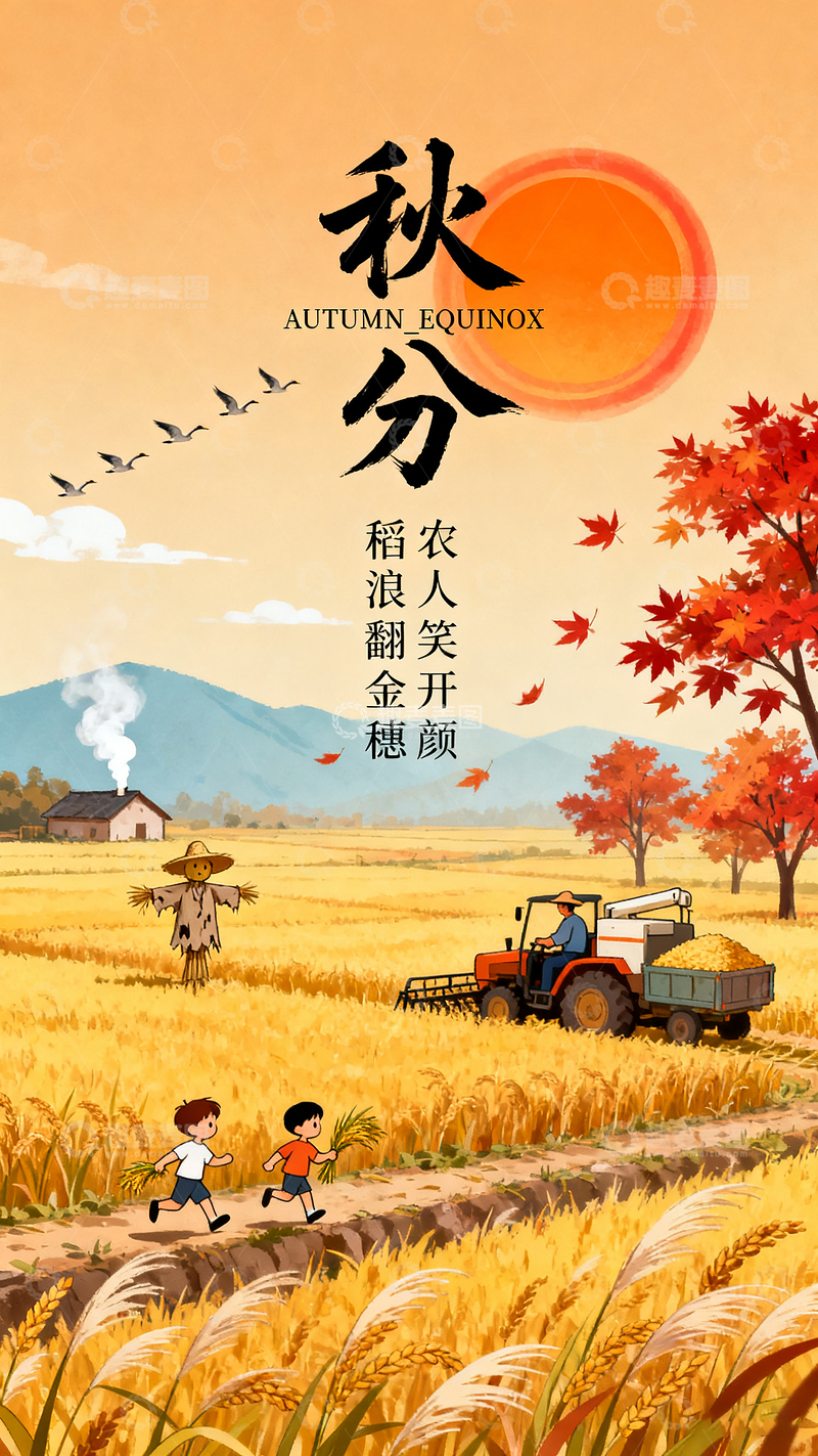 高清大图下载【趣麦麦图】秋分节气主题插画海报稻田收割场景