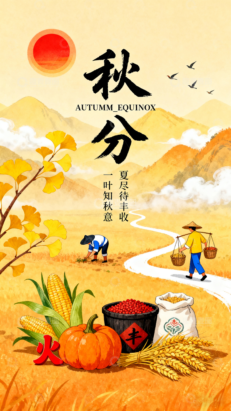 高清大图下载【趣麦麦图】秋分主题插画海报丰收时节自然景象