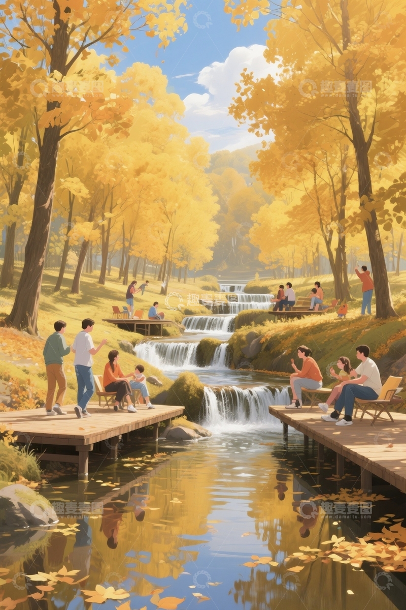 高清大图下载【趣麦麦图】秋天美丽叠水乐园创意插画