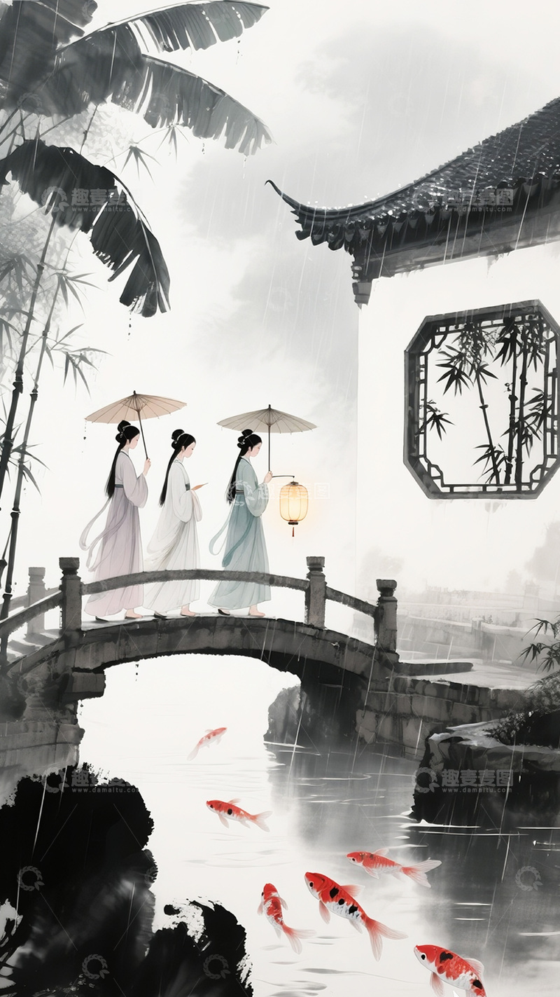 高清大图下载【趣麦麦图】烟雨江南撑伞侍女图3
