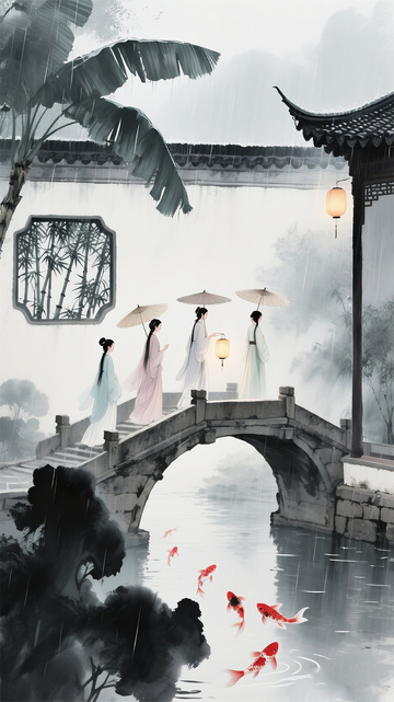烟雨江南撑伞侍女图1