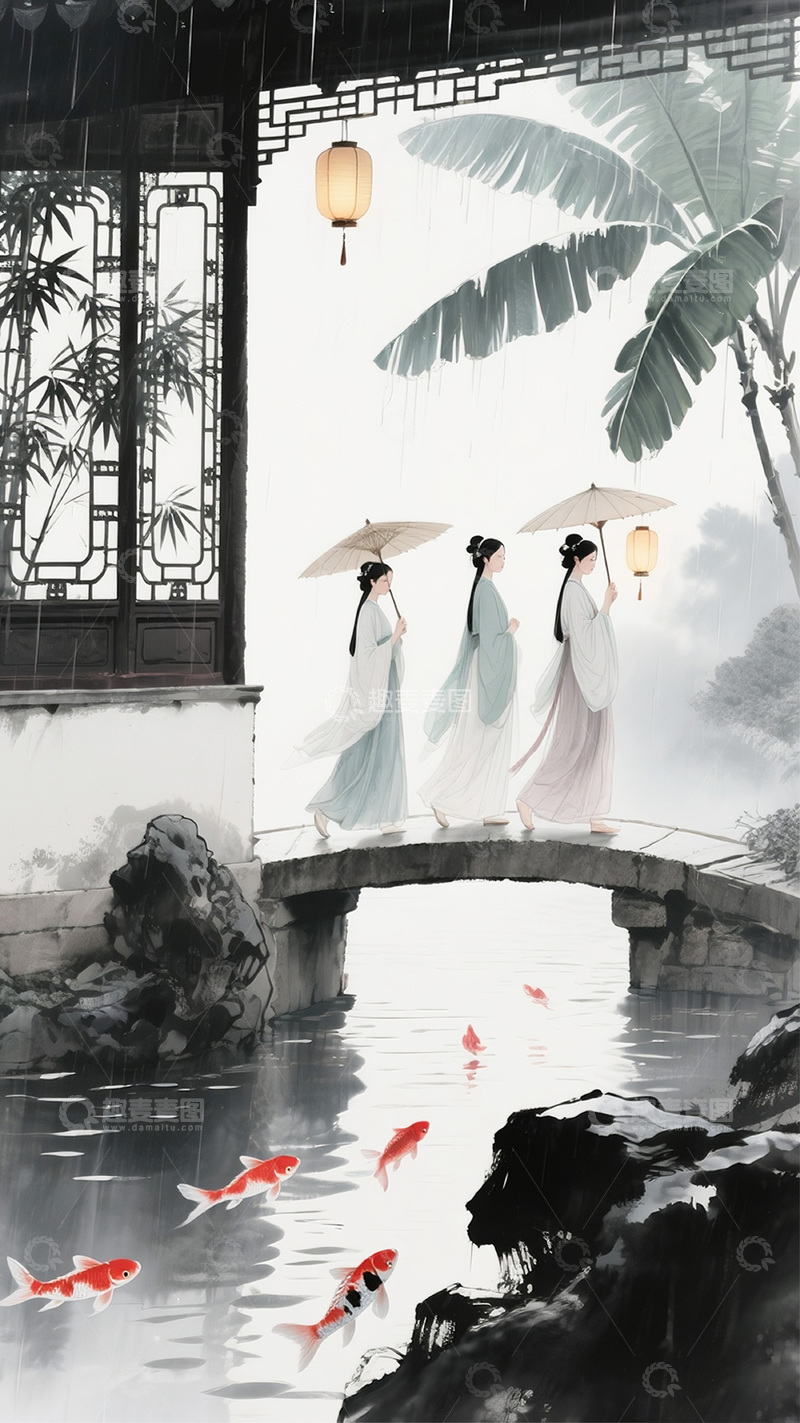 高清大图下载【趣麦麦图】烟雨江南撑伞侍女图2