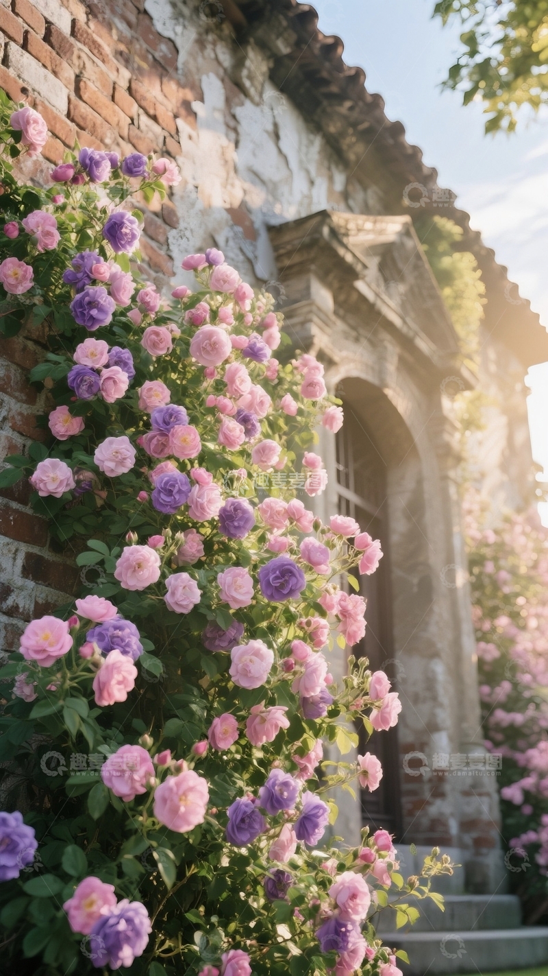 高清大图下载【趣麦麦图】长满鲜花美丽的古朴建筑摄影图