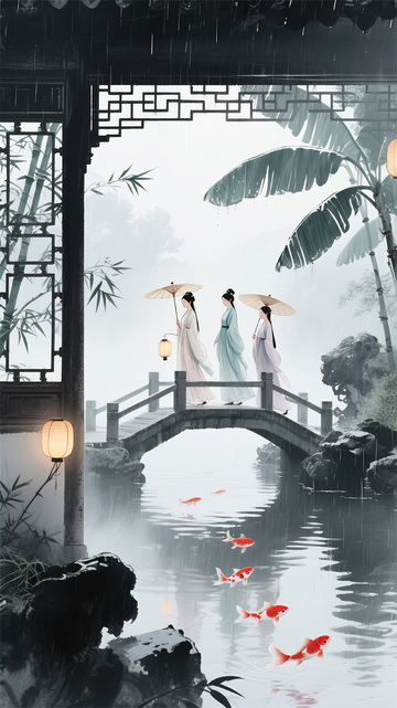 烟雨江南撑伞侍女图4