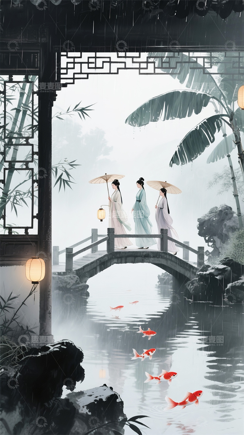 高清大图下载【趣麦麦图】烟雨江南撑伞侍女图4