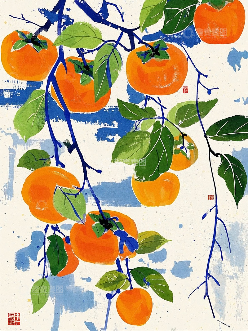 高清大图下载【趣麦麦图】水墨风枝头柿子插画