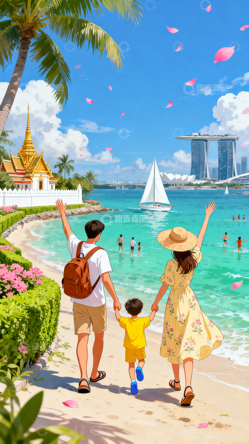 高清大图下载【趣麦麦图】国庆节假日亲子户外出游旅游插画