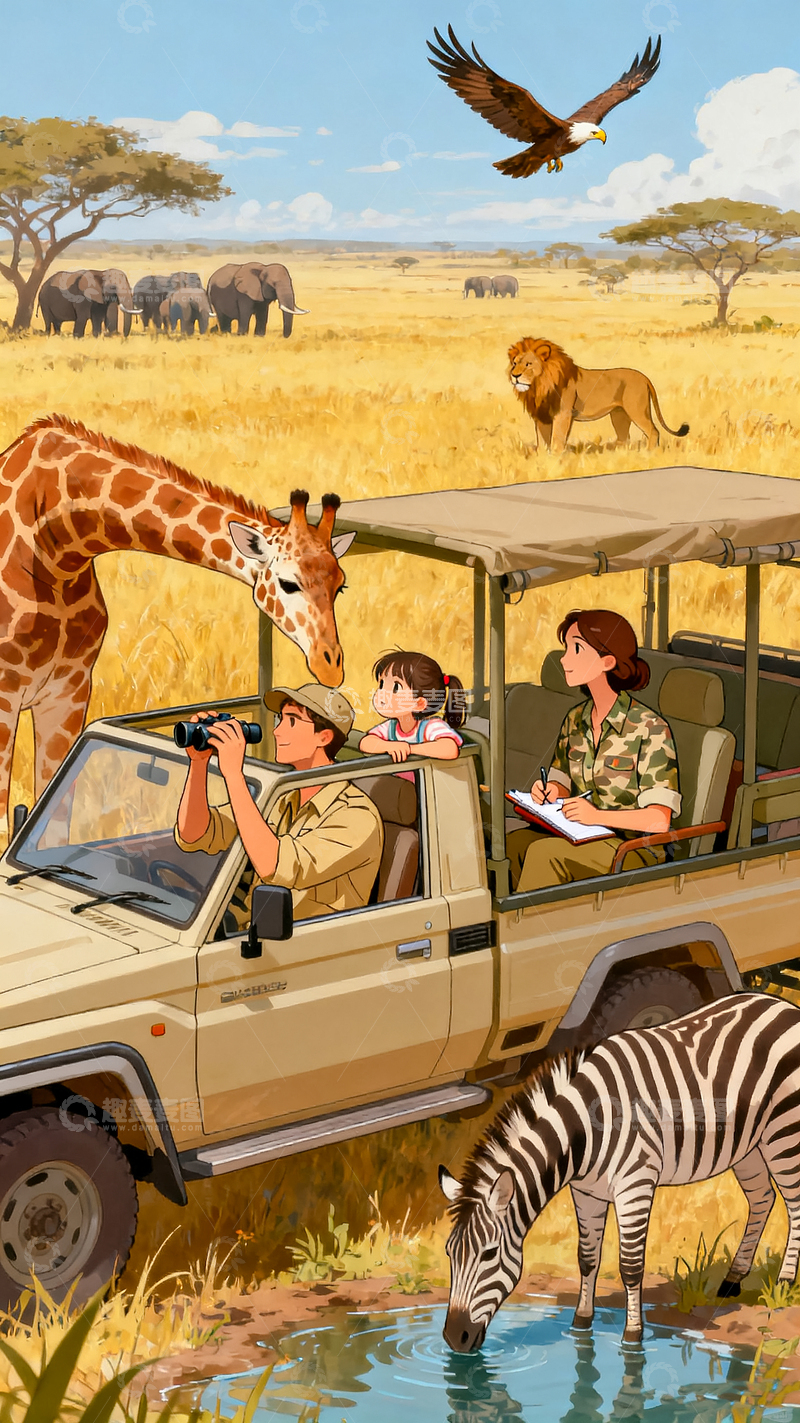 高清大图下载【趣麦麦图】假日亲子户外出游非洲旅游插画