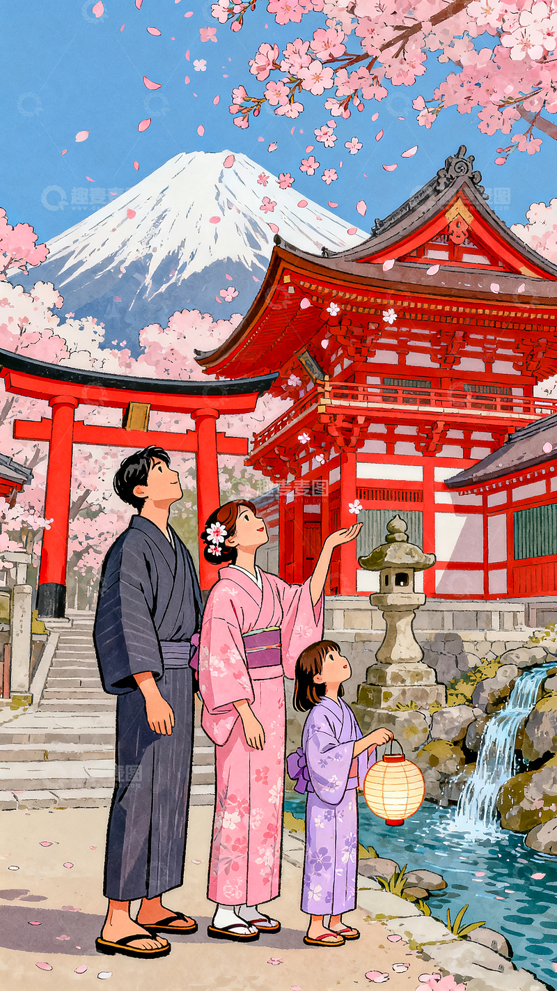 高清大图下载【趣麦麦图】日本樱花假日亲子户外出游旅游插画