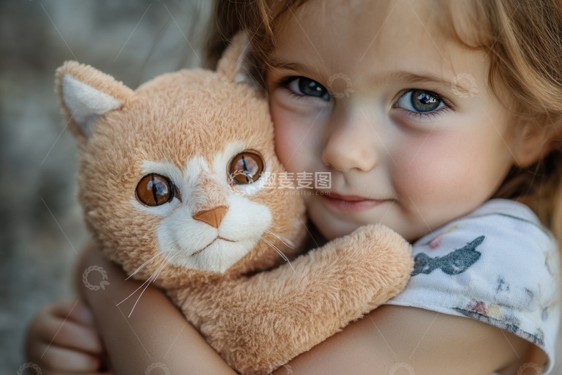 高清大图下载【趣麦麦图】抱着猫咪玩偶的小女孩