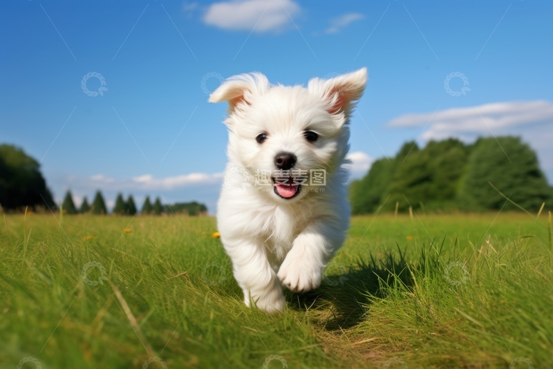 高清大图下载【趣麦麦图】草地上奔跑的小白狗