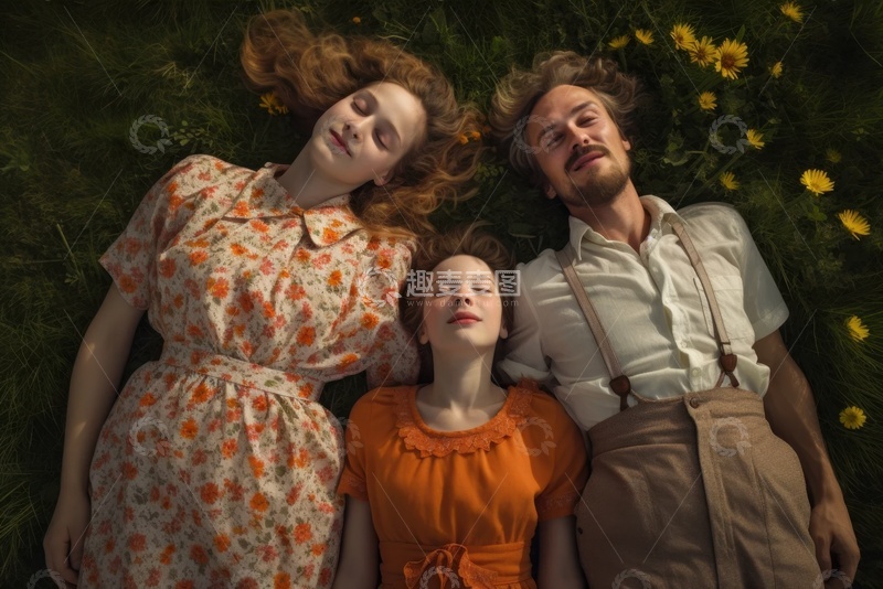 躺在草地上的一家三口