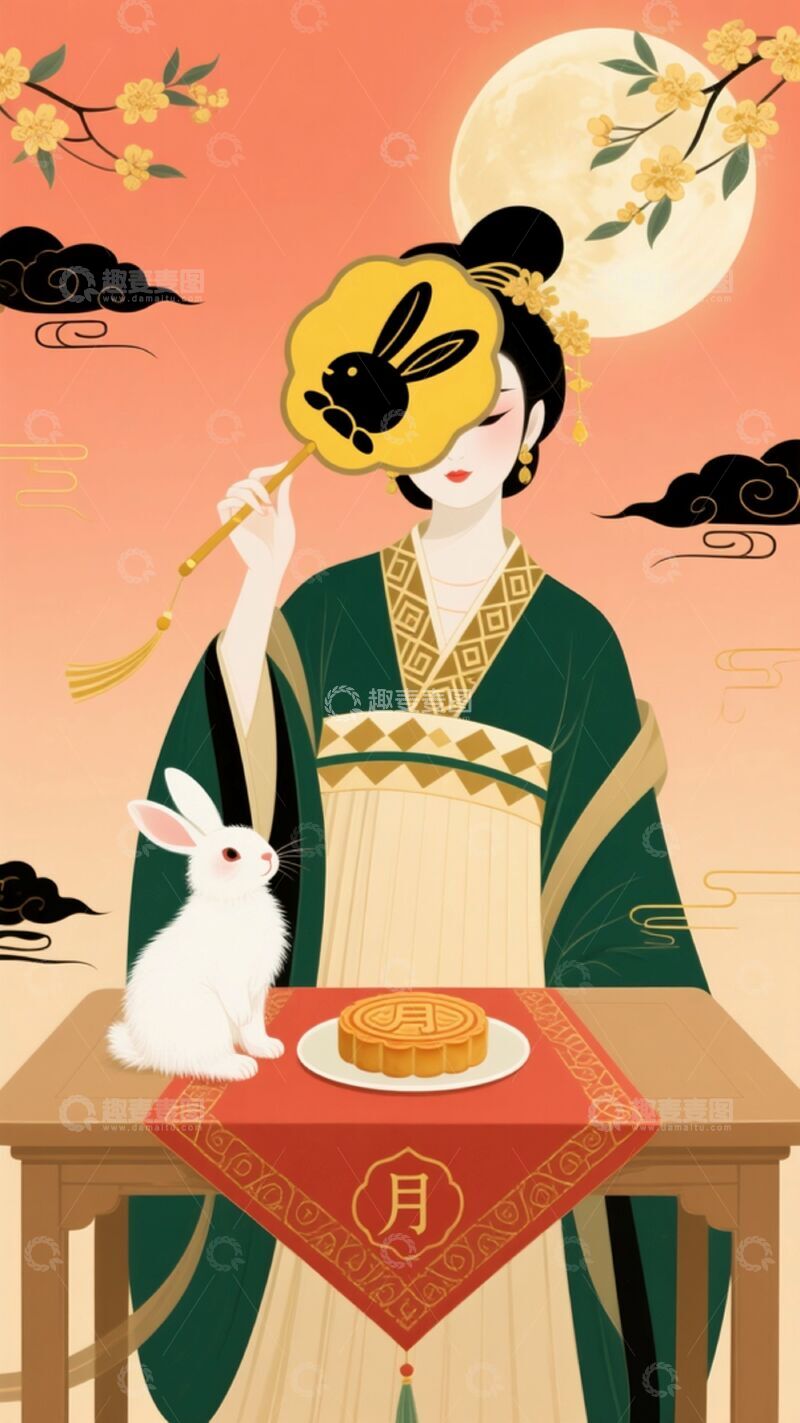 高清大图下载【趣麦麦图】国潮风中秋嫦娥手持团扇半遮面插画