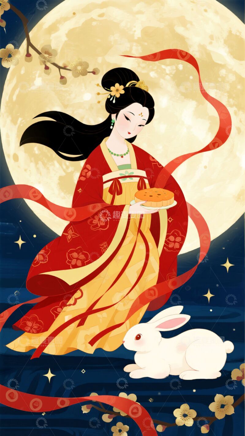 高清大图下载【趣麦麦图】嫦娥仙子玉兔国潮风插画素材