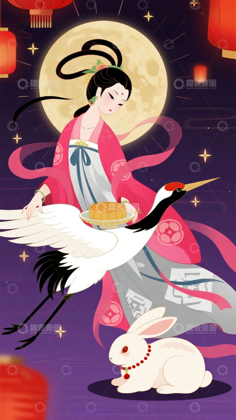 高清大图下载【趣麦麦图】国潮风中秋嫦娥与玉兔共乘仙鹤插画素材