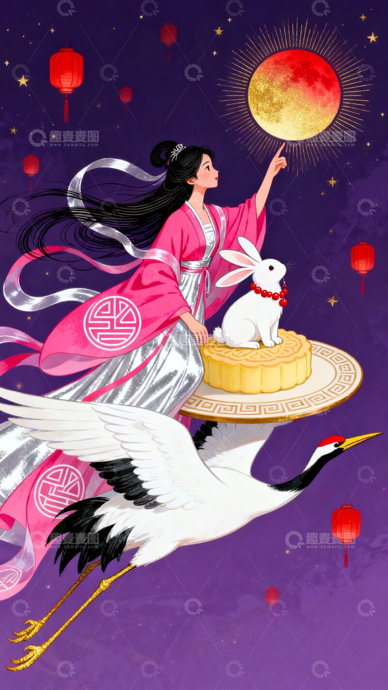 高清大图下载【趣麦麦图】古风中秋嫦娥玉兔场景插画素材