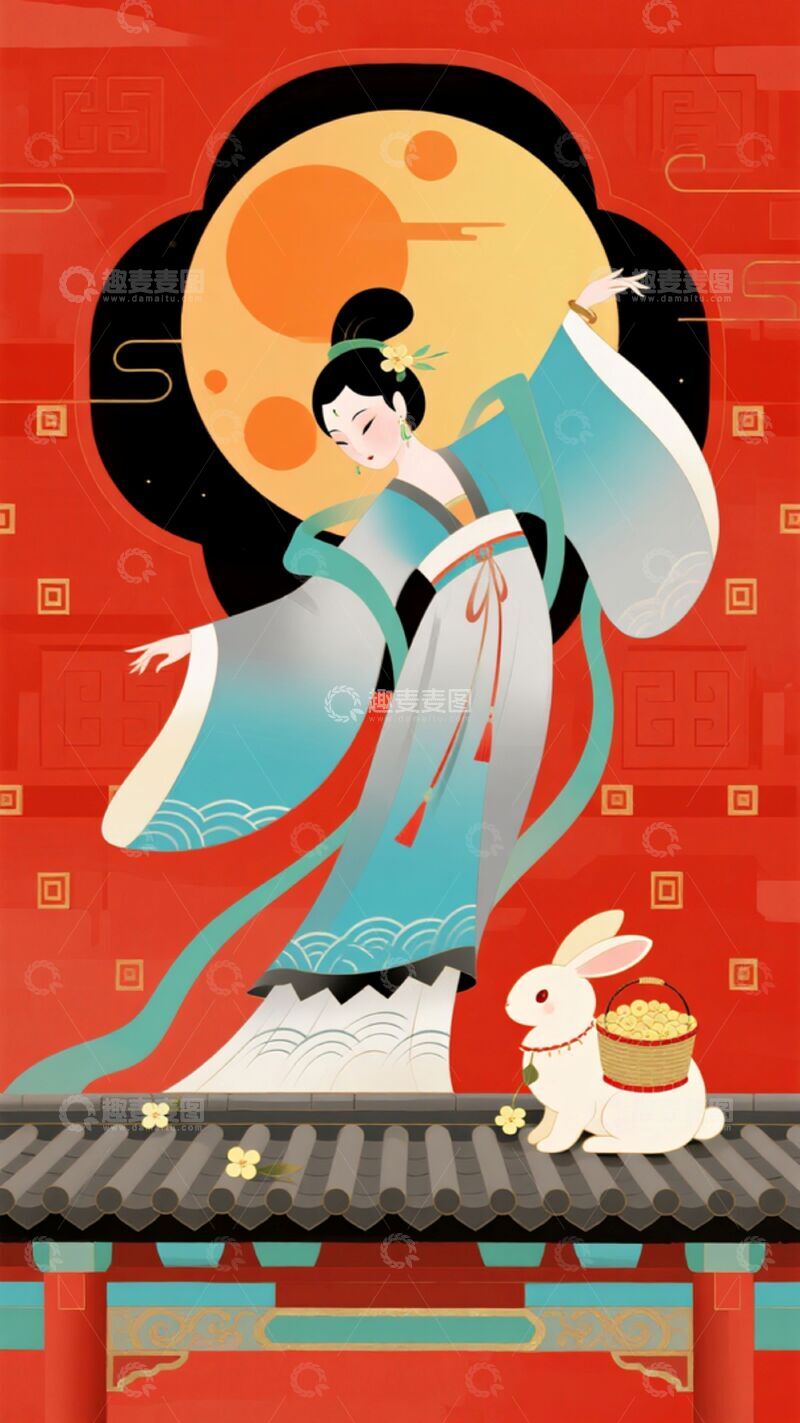高清大图下载【趣麦麦图】-国潮风中秋插画嫦娥跳舞插画素材