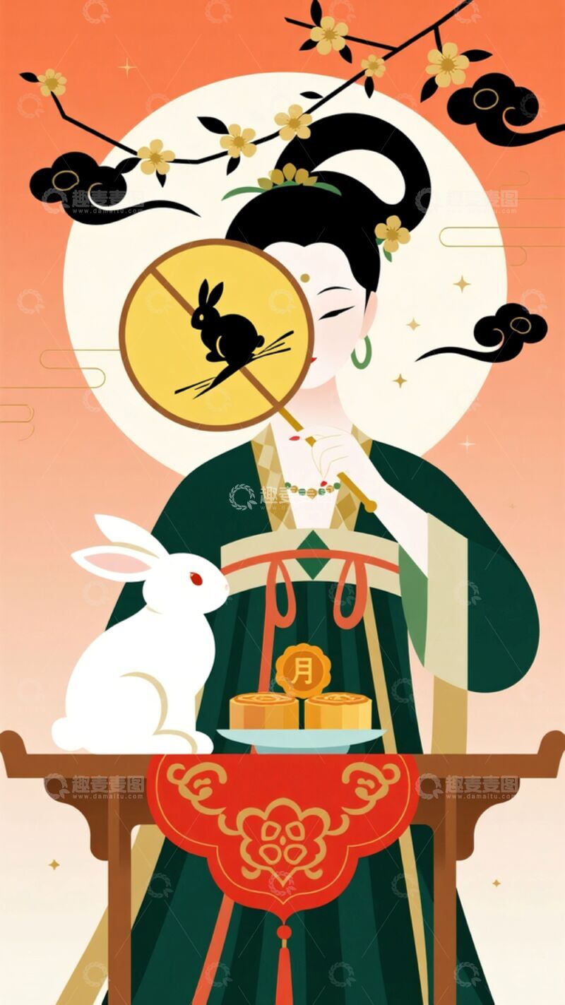 高清大图下载【趣麦麦图】国潮风中秋嫦娥手持团扇半遮面插画