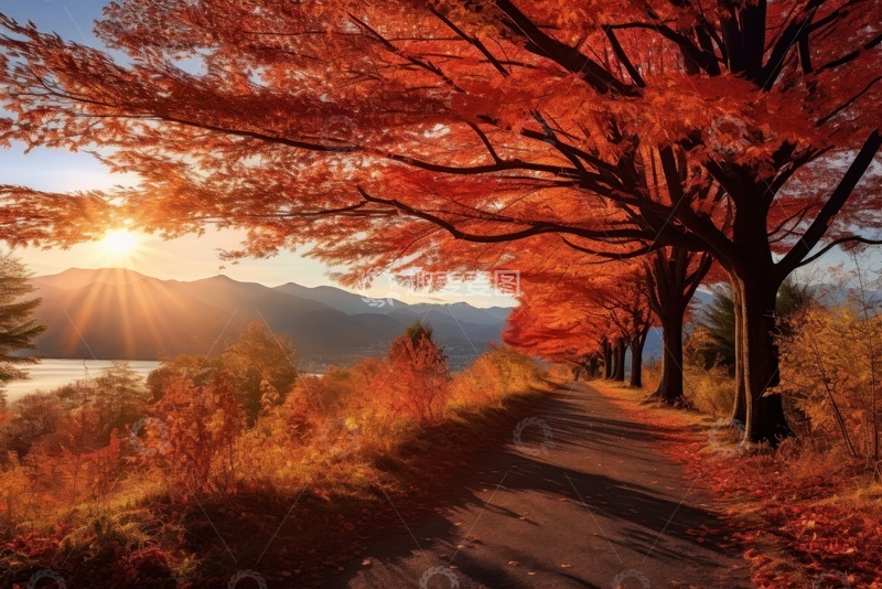 高清大图下载【趣麦麦图】秋季河岸边的一排枫树