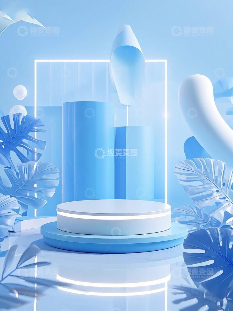 高清大图下载【趣麦麦图】蓝色电商展示场景与植物装饰
