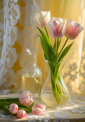 清晨治愈系手绘粉白郁金香