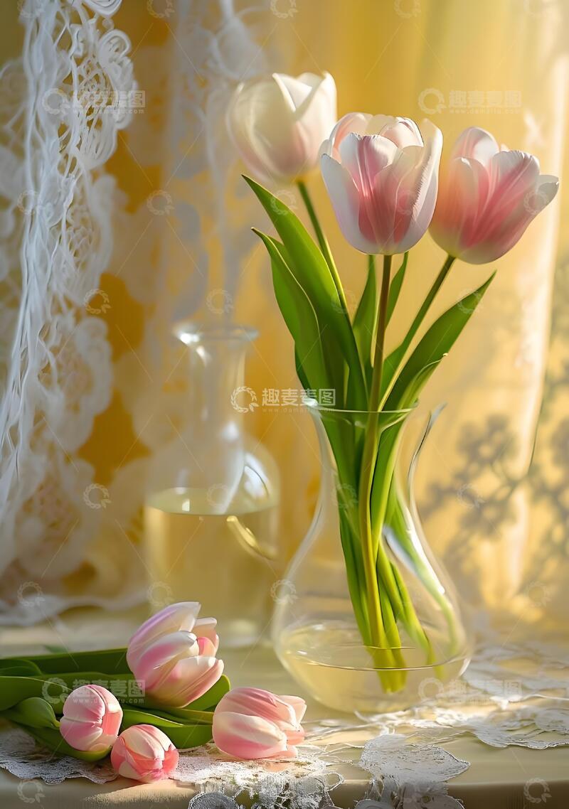 高清大图下载【趣麦麦图】清晨治愈系手绘粉白郁金香