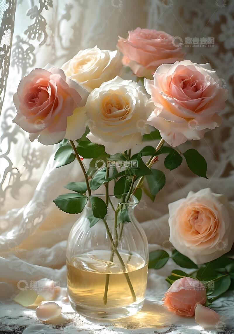 高清大图下载【趣麦麦图】清晨治愈系手绘粉白玫瑰