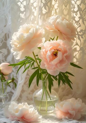 清晨治愈系手绘粉白芍药