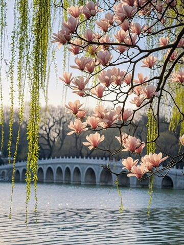 颐和园湖畔，玉兰花与垂柳相映成趣