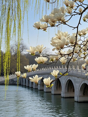 颐和园湖畔，白色玉兰花与垂柳相映成趣