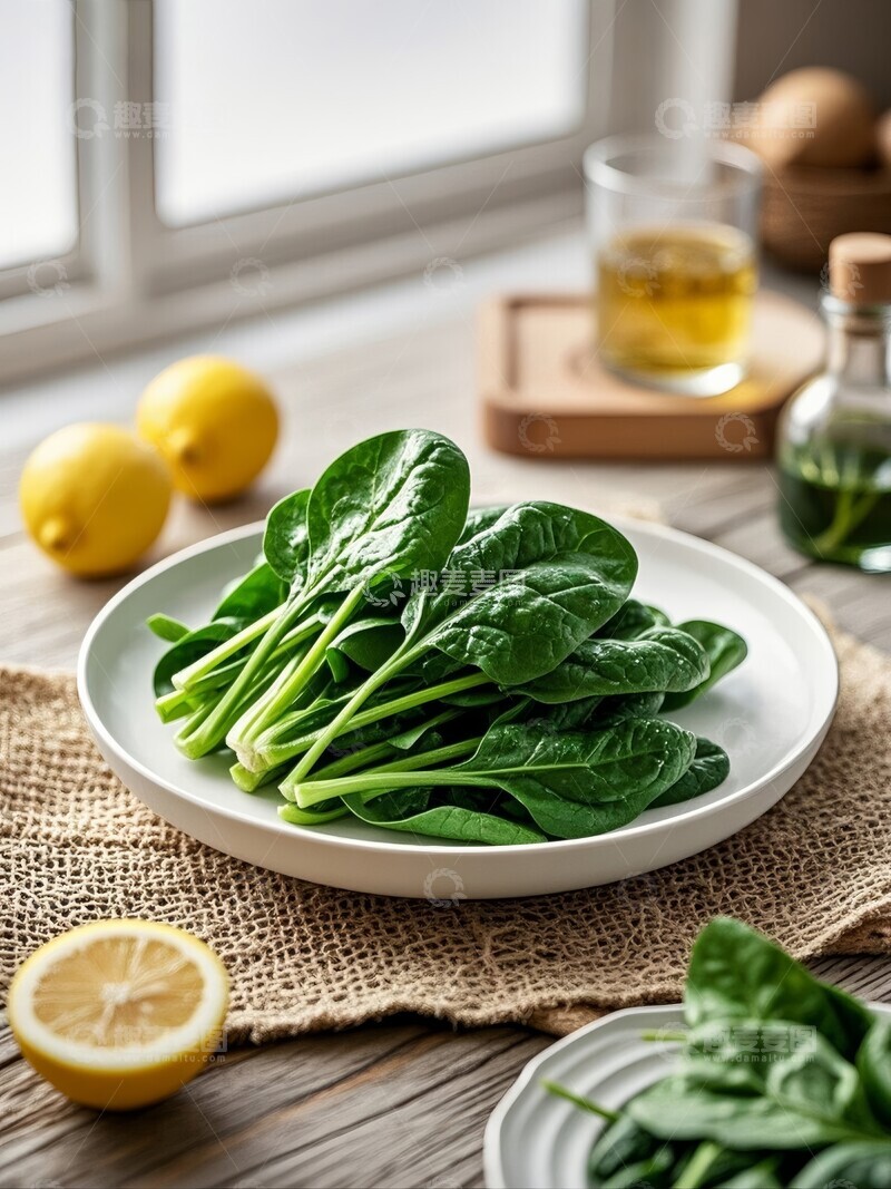 高清大图下载【趣麦麦图】新鲜菠菜食材在盘中置于桌上