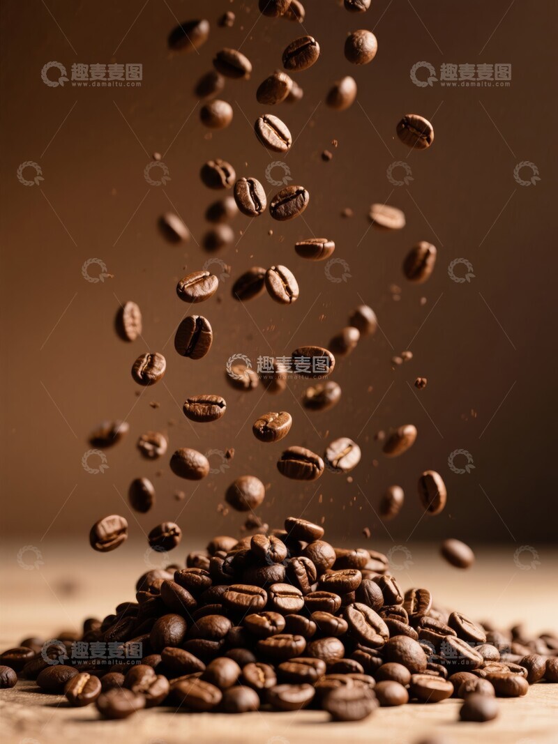 高清大图下载【趣麦麦图】咖啡豆棕色背景中掉落，堆积成山