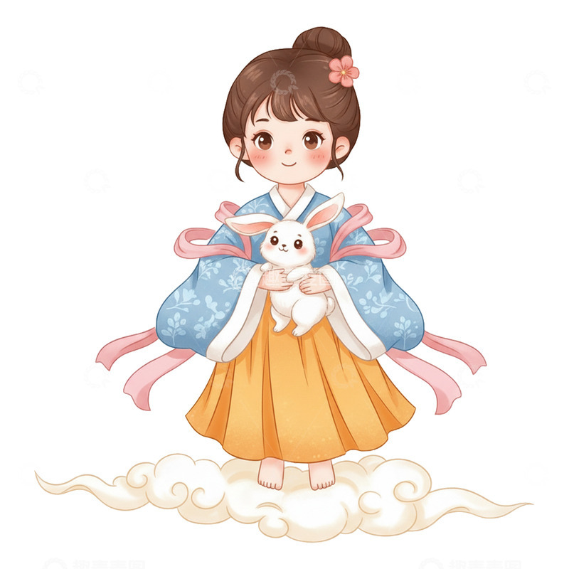 高清大图下载【趣麦麦图】中秋节抱着月兔的可爱仙女