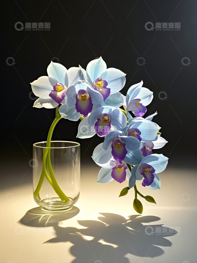 高清大图下载【趣麦麦图】天蓝色兰花在透明花瓶中静置