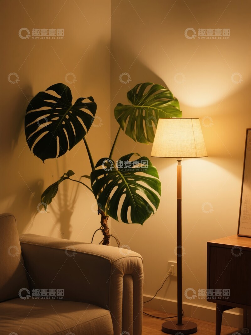 高清大图下载【趣麦麦图】温馨室内一角：绿植与暖灯