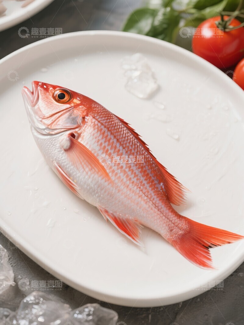 高清大图下载【趣麦麦图】新鲜红鲷鱼在白色盘中展示