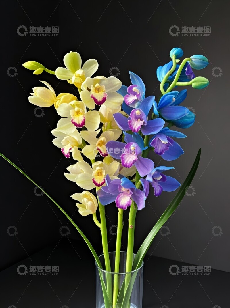 高清大图下载【趣麦麦图】黄蓝相间的兰花在透明花瓶中