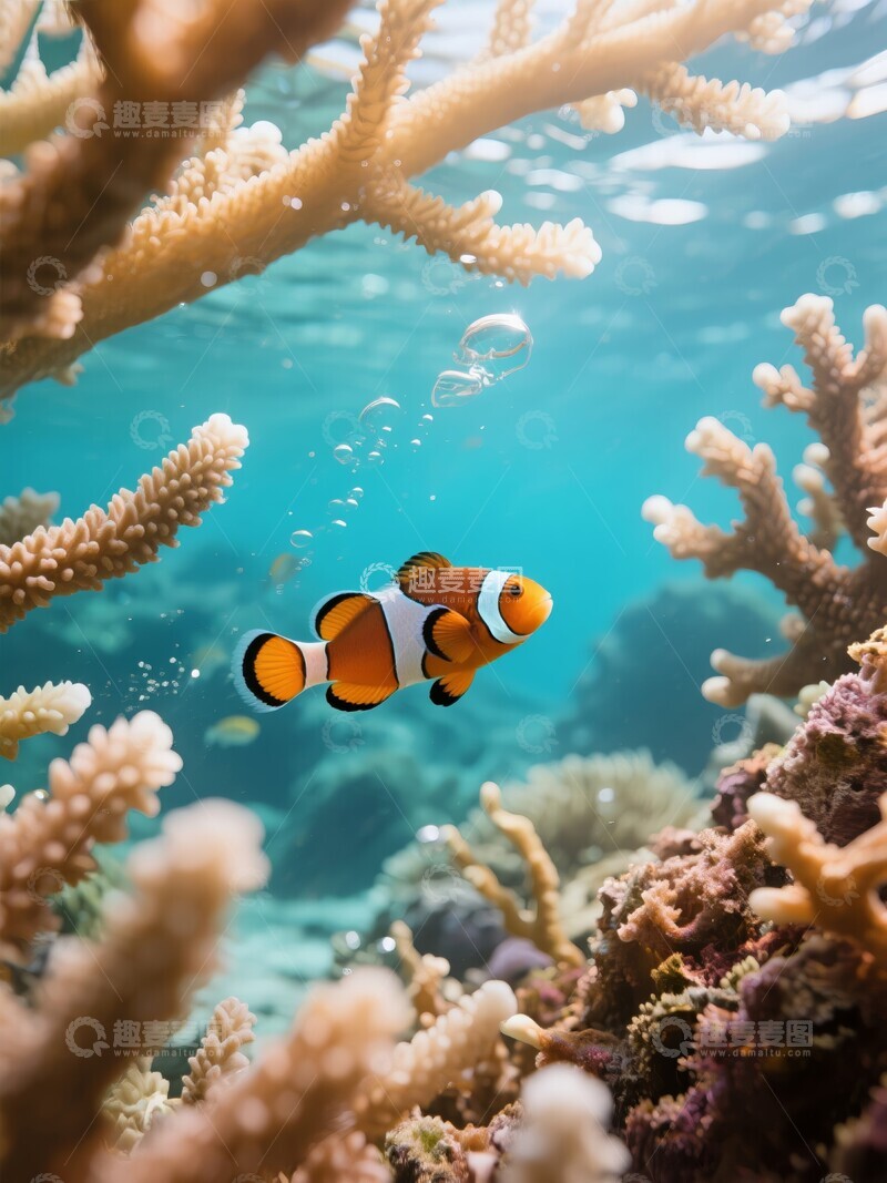 高清大图下载【趣麦麦图】珊瑚礁之间的小丑鱼
