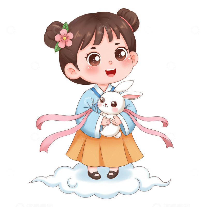 高清大图下载【趣麦麦图】卡通手绘中秋节Q版仙女抱着玉兔
