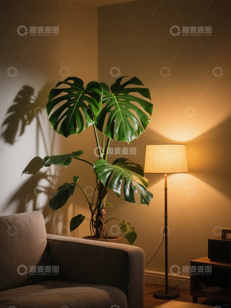 高清大图下载【趣麦麦图】温馨室内一角：龟背竹绿植与落地灯