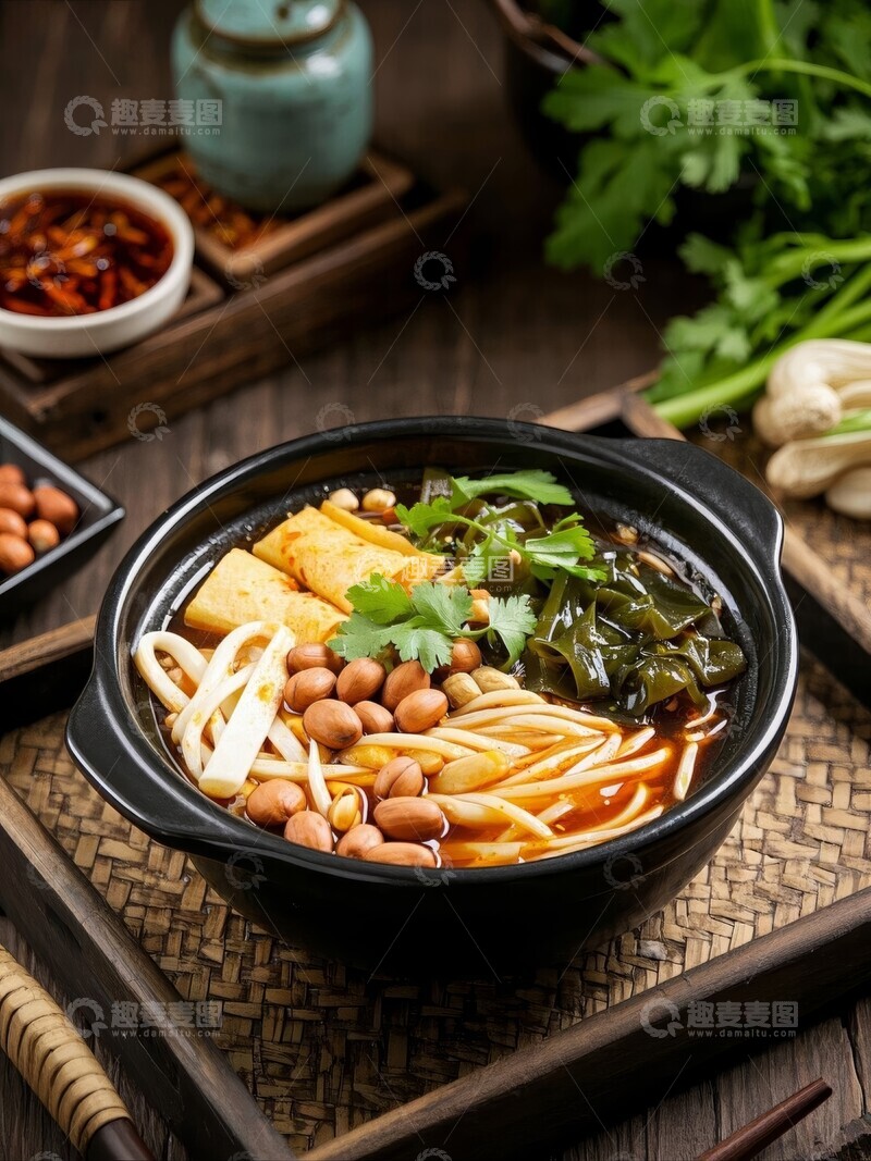 高清大图下载【趣麦麦图】热气腾腾的砂锅面配蔬菜