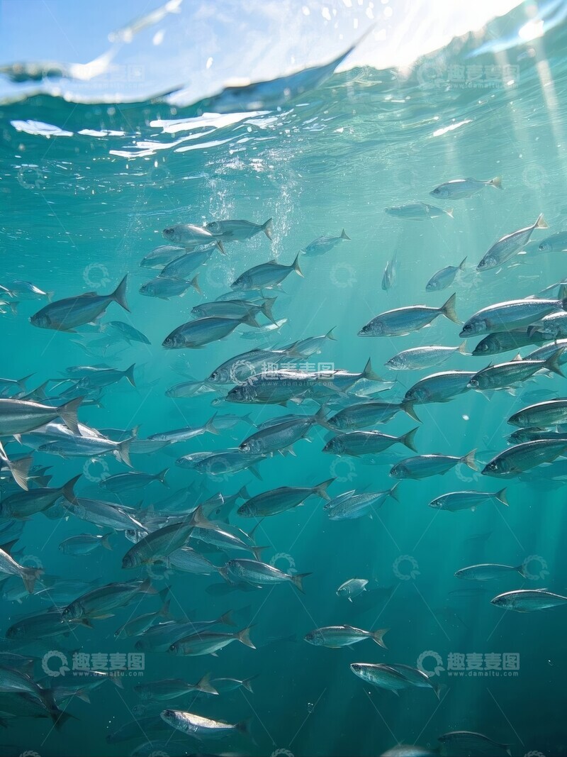 高清大图下载【趣麦麦图】阳光穿透水面，鱼群在海底游动