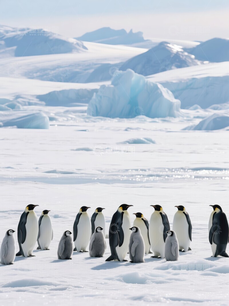 高清大图下载【趣麦麦图】一群企鹅在冰雪覆盖的南极行走