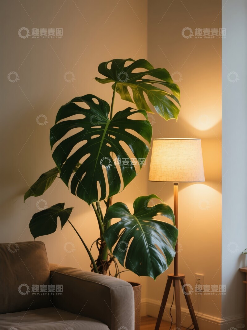 高清大图下载【趣麦麦图】温馨室内一角：龟背竹绿植与暖灯